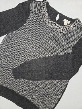 J Crew sweater featuring a herringbone print and bejeweled Peter Pan collar